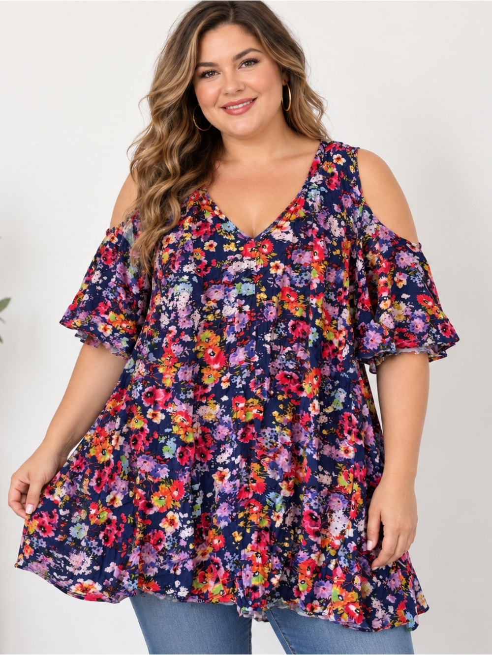 Umgee Navy Floral Cold-Shoulder Asymmetrical Tunic